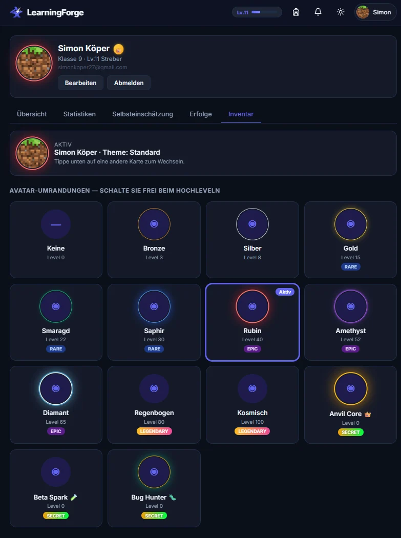 LearningForge profile and unlockables